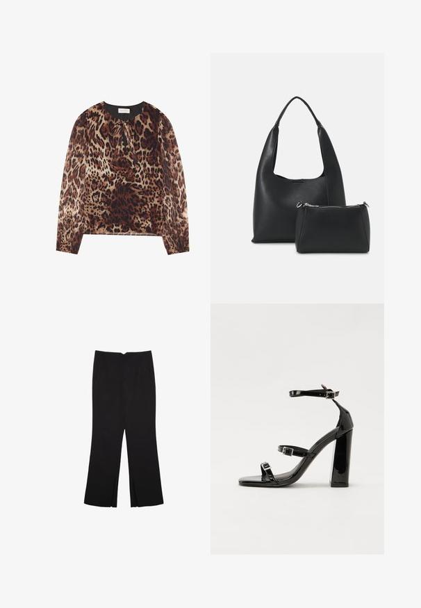 Bluzica s leopardskim uzorkom, okruglog izreza i detaljem za vezanje, s dugim prozirnim rukavima. Tkanina ima laganu, glatku teksturu.; Crne hlače ravnog kroja, s prednjim džepovima i bočnim prorezima na rubu. Izrađene od mekog i glatkog materijala. Pogodne za razne prigode.; Crne lakirane sandale na pete sa kvadratnim nosom, trakama oko gležnja i srebrnim kopčama. Imaju čvrst blok petu za stabilnost.; Even&Odd Ručna torba - black
