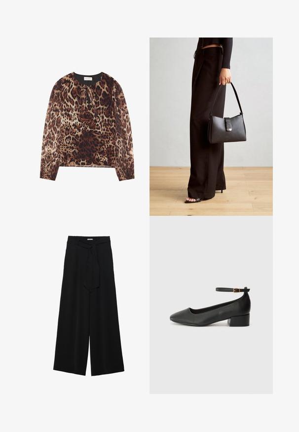 Luipaardprint blouse met een ronde halslijn en strikdetail, voorzien van lange doorzichtige mouwen. De stof heeft een lichte, gladde textuur.; Zwarte wijde broek van textuurstof, met een elastische tailleband en een afneembare sjaalstrik in de taille voor een verstelbare pasvorm.; Zwarte leren pump met een spitse neus en een lage blokhak. Beschikt over een enkelband met een goudkleurige gespsluiting. Gladde textuur.; Zwarte handtas met gestructureerde vorm, gladde textuur en een metalen sluiting. Gecombineerd met brede zwarte broeken en sandalen met open teen op een houten vloer.
