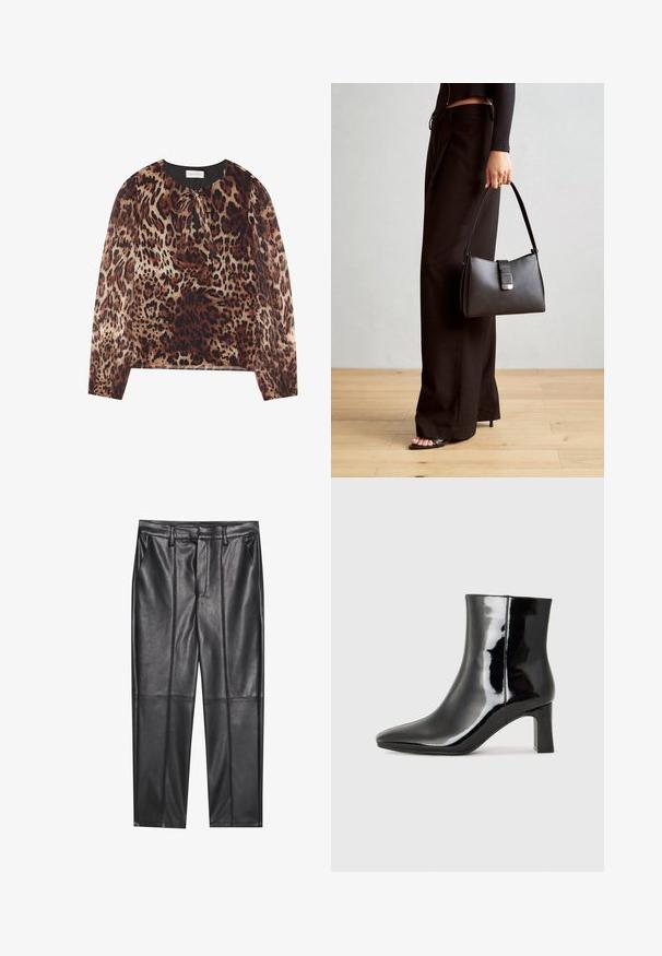 Blouse à imprimé léopard avec un col rond et un détail à nouer, dotée de longues manches transparentes. Le tissu a une texture légère et lisse.; Pantalons en cuir noir avec une texture lisse, présentant une coupe droite, deux poches avant et des coutures visibles.; Bottines en cuir verni noir avec un bout pointu et un talon block de hauteur moyenne. Texture lisse et design minimaliste.; Sac à main noir à la forme structurée, texture lisse et fermoir métallique. Associé à un pantalon noir ample et des sandales ouvertes sur un sol en bois.; Veste en cuir métallique argenté avec col en shearling, dotée d'une fermeture éclair et d'une surface texturée. Grandes boucles d'oreilles en goutte d'eau avec des pierres précieuses transparentes.