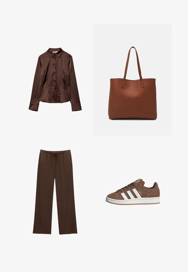 Brun satin skjorte med knap foran, spidse krave, lange ærmer og en glat tekstur. Har forlommer og en afslappet pasform.; Brune brede bukser lavet af blød stof, med elastisk talje og snøre samt to sidelommer.; Brune ruskinds sneakers med hvide læderstriber, gummisål, rund tå og snørebåndsfront. Har et logo på tungen og perforerede detaljer.; Brun læder tote taske med en glat overflade, åben topdesign og to skulderremme. Har minimal syning og ingen synlig hardware.