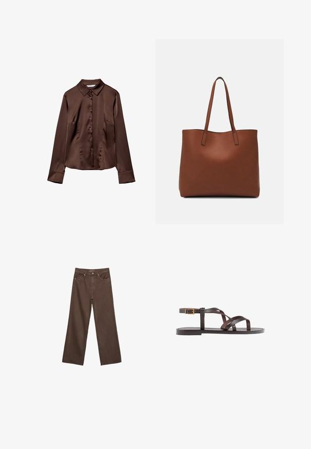 Brown satin button-up shirt with a pointed collar, long sleeves, and a smooth texture. Features front pockets and a relaxed fit.; Wide-leg brown jeans made of denim, featuring a high waist, front pockets, and a classic button closure. Smooth texture with subtle stitching.; Brown leather sandal featuring crisscross straps, an ankle buckle closure, and a flat sole with minimal stitching details.; Brown leather tote bag with a smooth texture, open top design, and two shoulder straps. Features minimal stitching and no visible hardware.