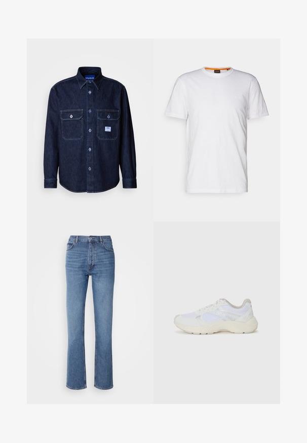 Tmavomodrá rifľová košeľa na zapínanie na gombíky s dlhými rukávmi, dvoma náprsnými vreckami a modrou značkovou etiketu. Má kontrastné prešitie a klasický golier.; Biely bavlnený tričko s okrúhlym výstrihom, krátkymi rukávmi a jemne embosovaným logom na hrudi. Vnútorná etiketa má oranžový akcent.; Modré denimové džínsy s vysokým pásom, rovnými nohavicami a jemným vyblednutím. Majú klasický strih s piatimi vreckami a zapínanie na zips.; Biele atletické topánky vyrobené z materiálov sieťoviny a semišu, s textúrovanou strednou podošvou, textúrovanými akcentmi a logom "HUGO" na boku.