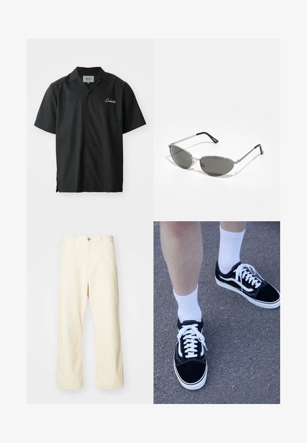 Svart kortermet skjorte med knapper og campingkrage, med en hvit brodert logo på brystet og en avslappet passform.; Kremfargede bukser med vid ben som er laget av bomull, med knappelukking, beltehemper og sydd søm. Glatt tekstur, ingen synlige mønstre.; Sorte semskede sneakers med hvite detaljer og snøring, sammen med hvite ribbestrikkede ankelsokker, plassert på en teksturert grå overflate.; Solbriller med en slank, sølvmetallisk ramme, gråtonede linser og et aerodynamisk design med spisse kanter og tynne armer.; Sølvfarget metallhalskjede med et tvistet kjededesign og en sirkulær anheng med polert overflate.