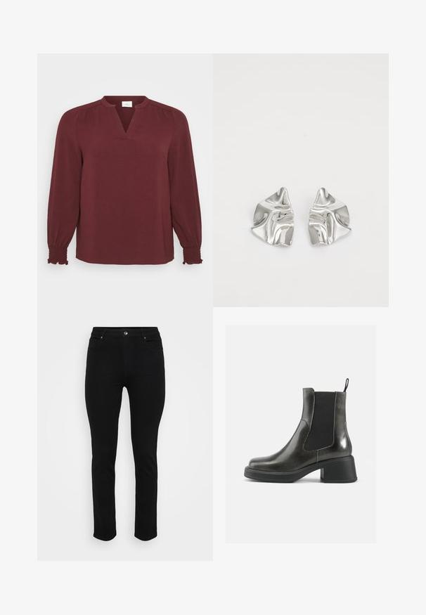 Burgundy blouse with long sleeves, V-neckline, pleated details at shoulders, and smocked cuffs. Made from textured, lightweight fabric.; Black denim jeans with a slim fit, five-pocket design, front button closure, and slight stretch for comfort. Flat, smooth texture with minimal detailing.; Black leather ankle boots with a smooth finish, elastic side panels, and a chunky heel. Features a pull tab for easier wear.; Silver metal earrings with a wavy, sculptural design featuring a polished finish and irregular shapes, highlighting a contemporary aesthetic.