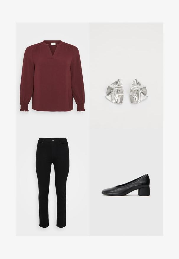 Burgundska bluzica z dolgimi rokavi, V-izrezom, nabranimi detajli na ramah in nabranimi manšetami. Narejena iz teksturirane, lahke tkanine.; Črne kavbojke iz denima s oprijetim krojem, petimi žepi, sprednjo zaponko in rahlo raztegljivim materialom za udobje. Ravna, gladka tekstura z minimalnimi detajli.; Črne usnjene petke z zaobljenim nosom in srednjo blok peto. Gladka tekstura z minimalnimi detajli, ki vključuje subtilno elastično odprtino.; Srebrni kovinski uhani z valovitim, skulpturalnim dizajnom, ki se ponašajo s poliranim zaključkom in nerednimi oblikami, kar poudarja sodobno estetiko.