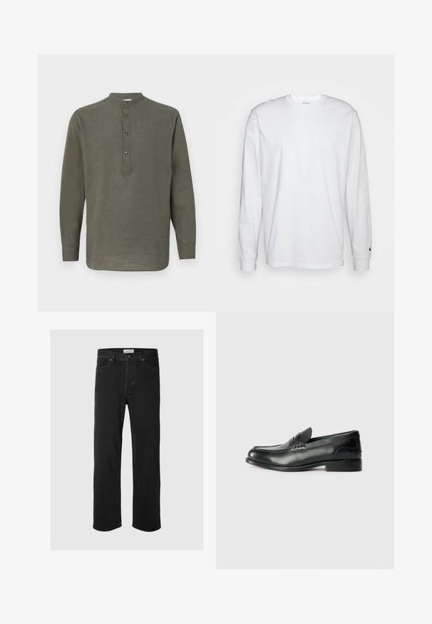Žalia lininė ilgomis rankovėmis marškinėliai su stovinčiu apykakle, penkių mygtukų užsegimu ir tiesiu siuvimu. Lengvas audinys ir kasdieniškas dizainas.; Balta, ilga rankovė T-maiša, pagaminta iš medvilnės. Apvalios iškirptės dizainas su raukiniais ant rankovių ir nedidelis logotipas ant kairės rankovės. Glotni tekstūra.; Juodos džinsinės tiesaus silueto kelnės turi klasiką penkių kišenių dizainą su mygtukų uždarymu, minimaliais siūlais ir minkšta tekstūra.; Juodos odinės loafer tipo bateliai su lygiu paviršiumi, siuvinėjimu per priekį ir šiek tiek pakelta pakulne.