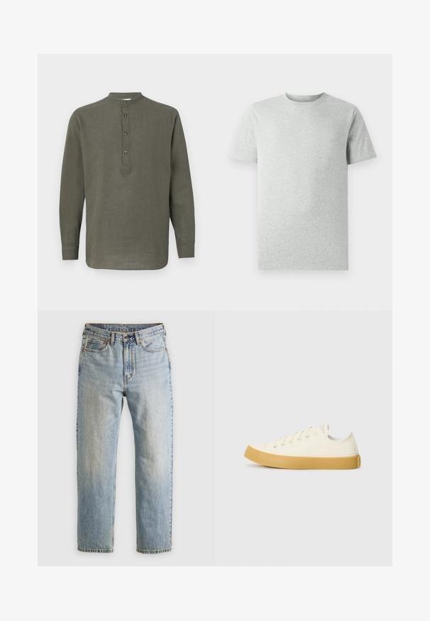 Grønn lin langermet skjorte med ståkrage, fem-knaps placket og rett hem. Lett tekstur og uformell design.; Lys grå kortermet T-skjorte med rund hals vist på hvit bakgrunn, frontvinkel uten synlige logoer eller design.; Lys blå denim jeans med høy midje, frontknapp, glidelås og fem-lommers design, lagt flatt på en nøytral bakgrunn.; Canvas sneakers i off-white med rund tå, med beige gummisåler og fem hull for lisser, strukturert finish på overdelen.