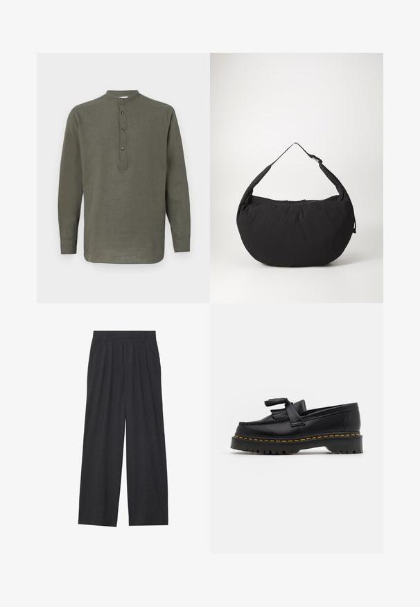 Camisa de lino verde de manga larga con cuello elevado, tapeta de cinco botones y dobladillo recto. Textura ligera y diseño casual.; Pantalones de pierna ancha hechos de tela gris oscura. Cuenta con pliegues en la cintura, un diseño a medida y una silueta recta.; Mocasín de cuero negro con un acento de borlas, que presenta una suela gruesa negra y costuras amarillas a lo largo del borde. Acabado texturizado.; Bolso de hombro de tela negra con forma curva, que presenta una sola correa y un cierre con cremallera. Textura suave, diseño minimalista.