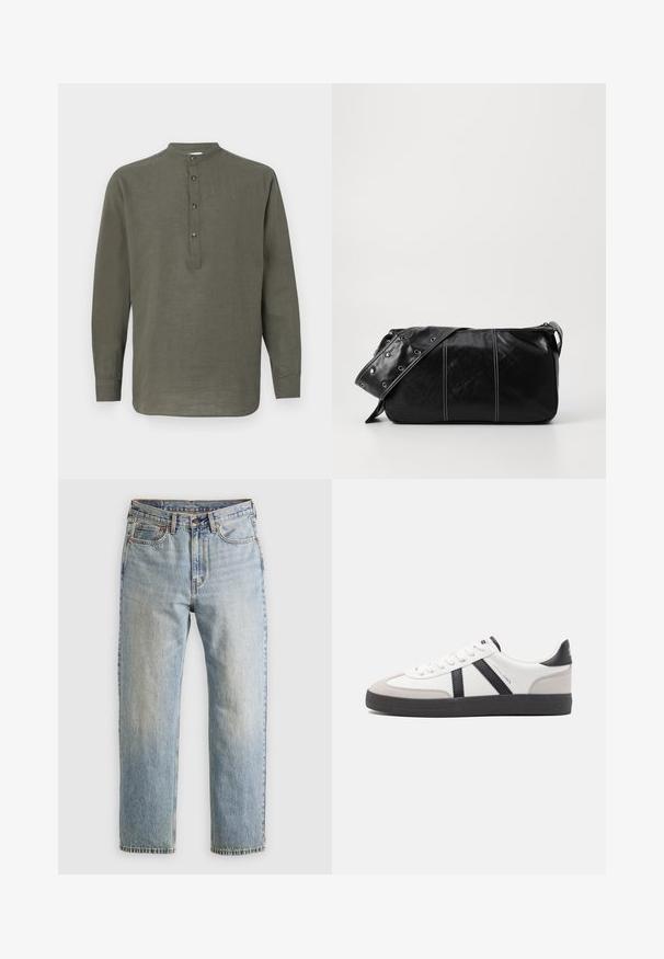 Camicia a maniche lunghe in lino verde con colletto alto, pattina con cinque bottoni e orlo dritto. Tessuto leggero e design casual.; Jeans in denim azzurro chiaro con vita alta, bottone anteriore, cerniera e design a cinque tasche, adagiati su uno sfondo neutro.; Sneaker bianco con accenti neri e grigi, dotata di una punta grigia testurizzata, suola in gomma nera e lacci bianchi piatti. Design pulito, stile minimalista.; Borsa a spalla in pelle nera con chiusura a zip, caratterizzata da un corpo testurizzato, cuciture bianche e una tracolla con occhielli in argento.