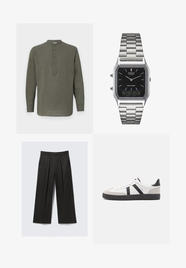 Roheline linane pikkade varrukatega särk, millel on püsti krae, viie nupuga kinnitus ja sirge hem. Kerge tekstuur ja juhuslik disain.; Mustad laiade jalgadega püksid sujuva tekstuuriga, millel on kaks eesmist taskut ja veidi tõstetud vöökoht.; Valged tossud mustade ja hallide aktsentidega, tekstureeritud halli varbakattega, musta kummitald ja lamedad valged paelad. Puhtad jooned, minimalistlik stiil.; Hõbedane roostevabast terasest kvarts kell musta ristküliku kujulise näoga, millel on analoognõjad, digitaalelektrooniline kuva ja vee vastupanu silt.