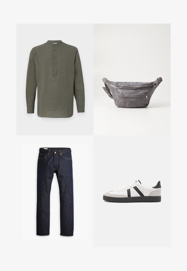 Green linen long-sleeve shirt with a stand-up collar, five-button placket, and straight hem. Lightweight texture and casual design.; Dark blue denim jeans featuring a straight leg design, orange stitching, and five-pocket styling with a metal button closure.; White sneaker with black and gray accents, featuring a textured gray toe cap, black rubber sole, and flat white laces. Clean design, minimalist style.; Gray suede fanny pack with a rounded shape, two zippered compartments, and adjustable strap. Features metal hardware accents.