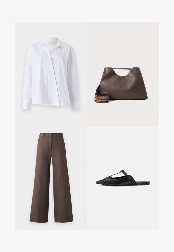Camicia bianca a maniche lunghe in cotone con colletto a punta e chiusura frontale con bottoni. Presenta una vestibilità rilassata e polsini ripiegati.; Pantaloni a gamba larga marroni realizzati in un tessuto liscio; presentano un frontale piatto, passanti per cintura e cuciture verticali lungo le gambe.; Scarpa slingback in pelle nera con punta appuntita, con un dettaglio intrecciato e un design superiore plissettato. Suola piatta con hardware minimale.; Borsa a mano in pelle marrone con finitura texturizzata, design angolare e un manico superiore distintivo. Presenta un dettaglio a tracolla intrecciato con motivo.