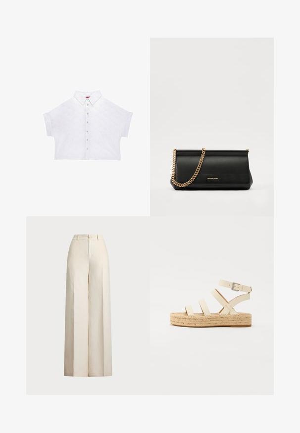 Biała krótka koszula z wywiniętym kołnierzykiem, zdobiona kwiatowym haftem i z zapięciem na guziki z przodu. Krótkie rękawy o luźnym kroju.; Beżowe spodnie o szerokich nogawkach wykonane z lekkiego materiału. Posiadają wysoki stan, zapięcie na guzik oraz dwie przednie kieszenie z eleganckim wykończeniem.; Jasno beżowe skórzane sandały espadryle z czterema krzyżującymi się paskami i zapięciem na kostce, z plecioną platformą z juty i płaską gumową podeszwą.; Czarna skórzana kopertówka z złotym łańcuszkiem, charakteryzująca się gładką fakturą, prostokątnym kształtem i wytłoczonym logo z przodu.