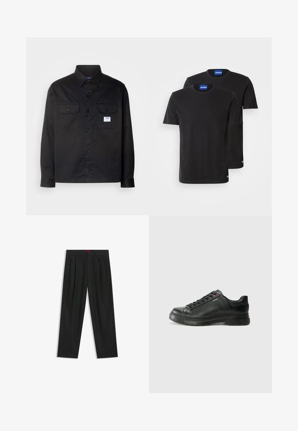 Maglietta nera a maniche lunghe in cotone. Presenta un design con bottoni, due tasche sul petto e una piccola etichetta con logo sulla tasca sinistra.; Due magliette di cotone nere con scollatura rotonda, maniche corte e etichette blu "HUGO" sui colli e sui bordi laterali.; Pantaloni neri con un design plissè, forma a gamba larga e texture liscia. Presentano un'etichetta rossa in vita.; Sneaker nera in pelle con superficie testurizzata, collo imbottito e dettaglio logo rosso. Presenta una suola in gomma spessa con un motivo di battistrada distintivo.