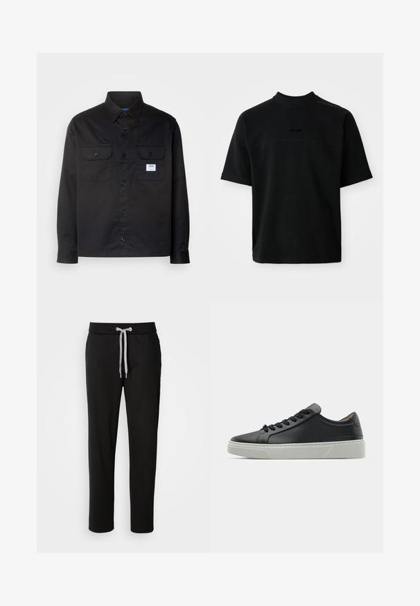 Black long-sleeve shirt made of cotton. Features a button-up design, two chest pockets, and a small logo label on the left pocket.; Black short-sleeve t-shirt made of cotton with a high neck, featuring a smooth texture and subtle logo in the center.; Black sweatpants made of soft fabric, featuring an elastic waistband with a drawstring and side pockets. Casual design with a straight fit.; Black leather sneaker with a smooth texture, round toe, and black laces. Features a thick, white rubber sole with subtle geometric accents.