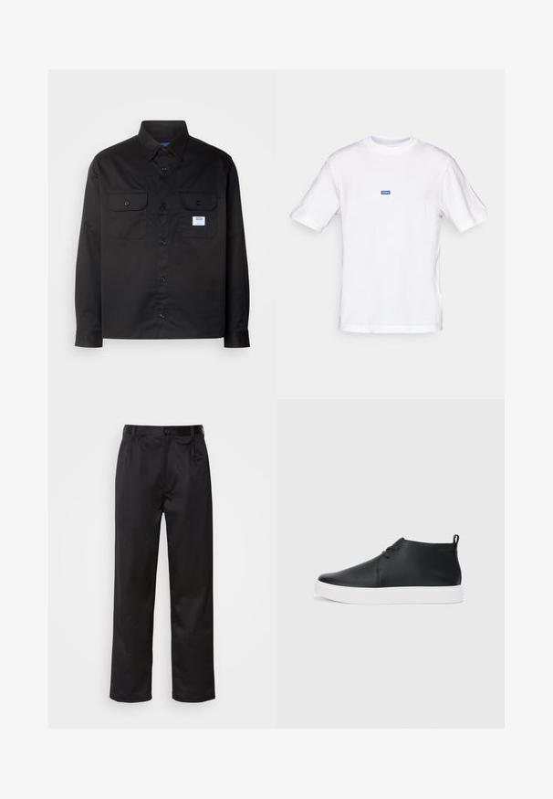 Maglietta nera a maniche lunghe in cotone. Presenta un design con bottoni, due tasche sul petto e una piccola etichetta con logo sulla tasca sinistra.; Maglietta bianca in cotone a maniche corte, collo rotondo e un piccolo etichetta blu "HUGO" sul petto superiore. Morbida al tatto, vestibilità classica.; Pantaloni neri realizzati in tessuto morbido, con chiusura frontale a bottone, pieghe e gambe dritte. Nessun motivo o accento visibile.; Sneakers alte in pelle nera con finitura liscia, suola in gomma bianca e un design semplice con lacci. Presentano un occhiello sul retro.
