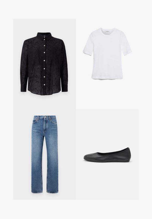 Black button-up shirt made of lightweight fabric with a subtle floral texture, featuring a collar and front button closure.; White short-sleeve t-shirt made of ribbed fabric. Round neckline, regular fit, and subtle stitching details. No patterns or graphics.; Blue denim jeans with a straight leg design, five pockets, and belt loops. The fabric features slight fading and subtle stitching accents.; Black leather ballet flat with a rounded toe, smooth texture, minimal stitching detail, and a flexible sole design.