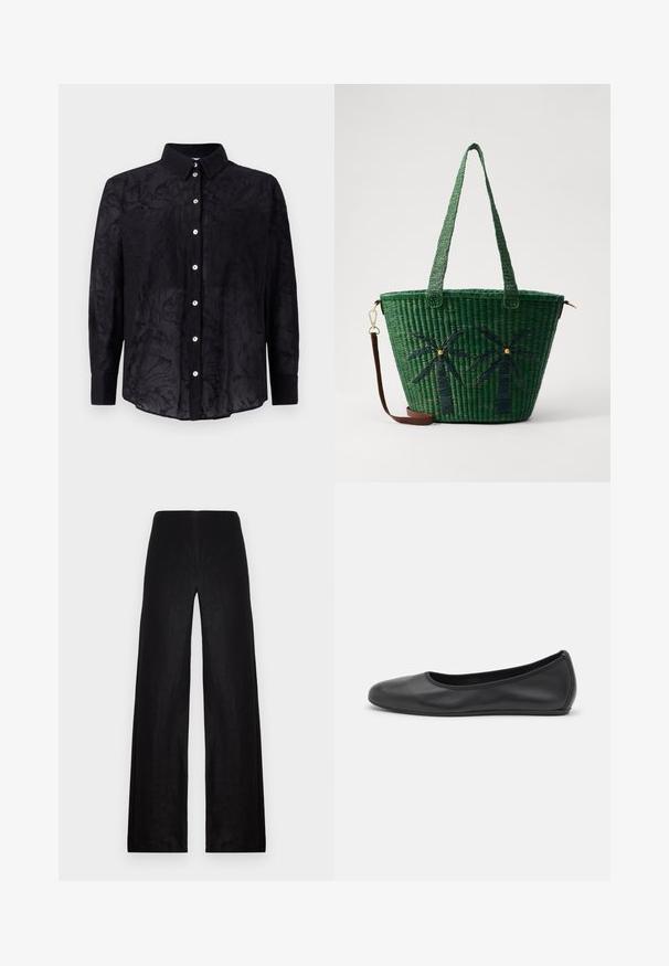 Černá košile na knoflíky vyrobená z lehké látky s jemnou květinovou strukturou, s límečkem a předním zapínáním na knoflíky.; Černé široké kalhoty vyrobené z lehké tkaniny. Mají vysoký pas, hladkou strukturu a čisté linie bez kapes nebo ozdob.; Černé kožené baletní byty s kulatou špičkou, hladkou texturou, minimálními švy a flexibilním designem podrážky.; Zelená tkaná taška přes rameno s motivy palem v tmavě zelené; obsahuje dva ucha a odnímatelný hnědý kožený popruh.