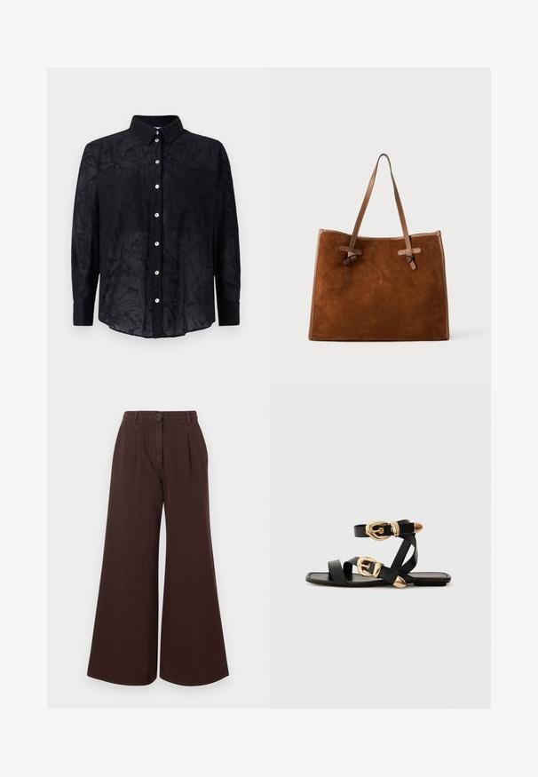 Camicia nera a maniche lunghe realizzata in tessuto leggero con una sottile trama floreale, dotata di colletto e chiusura frontale con bottoni.; Pantaloni brown a vita alta e gamba larga con chiusura a bottoni e cerniera, passanti per cintura e pieghe frontali.; Sandali neri in pelle con dettagli in oro, caratterizzati da più cinghie e una suola piatta per un design open-toe.; Borsa a tracolla in suede marrone con due manici in pelle, forma piatta, dettagli cuciti e nodo decorativo sui lati. Senza chiusure visibili.