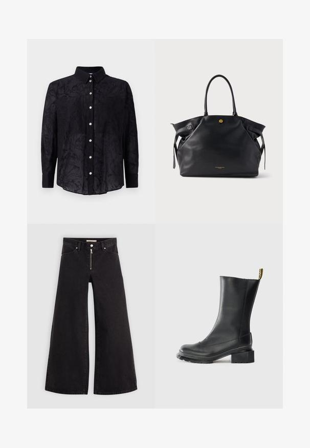 Fekete gombos ing, könnyű anyagból készült, finom virágmintával, gallérral és elől gombolással.; Fekete denim széles szárú farmer, cipzáros elejével, öt zsebes kialakítással és diszkrét varrással. Sima textúra és laza stílus.; Fekete bőrből készült bokacsizma, blokk sarkú, sima textúrával, kerek orral és sarkán sárga márkajelzés található.; Fekete bőr tote táska texturált felülettel, arany színű fémrészekkel és két lekerekített fogantyúval. Biztonságos záródással és letisztult márkajelzéssel rendelkezik.