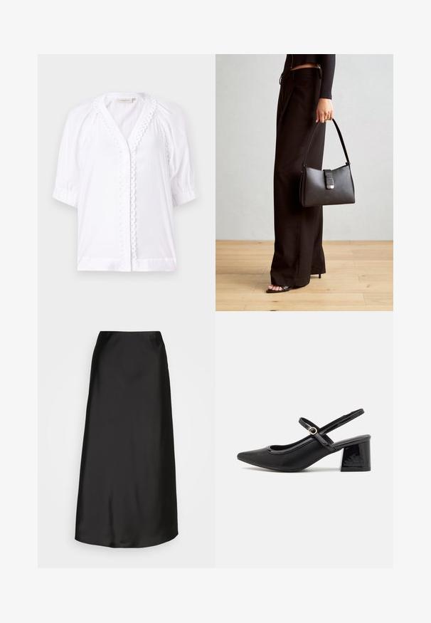 Bijela bluzica s kratkim napučenim rukavima, V-izrezom, valovitim obrubom uz placket i glatkom teksturom tkanine. Bez vidljivih zatvaranja.; Crna saten midi suknja glatke teksture, A-linijskog kroja i suptilnog sjaja. Ima elegantan, jednostavan dizajn bez ukrasa.; Crne lakirane slingback visoke potpetice s šiljastim vrhom, zaobljenim izrezom i blok potpeticom. Sadrži akcent zlatnog tona s kopčom.; Crna torba s oblikom koji sadrži strukturu, glađu teksturu i metalnu kopču. Uparena s širokim crnim hlačama i sandalama na otvorenom s drvenog poda.