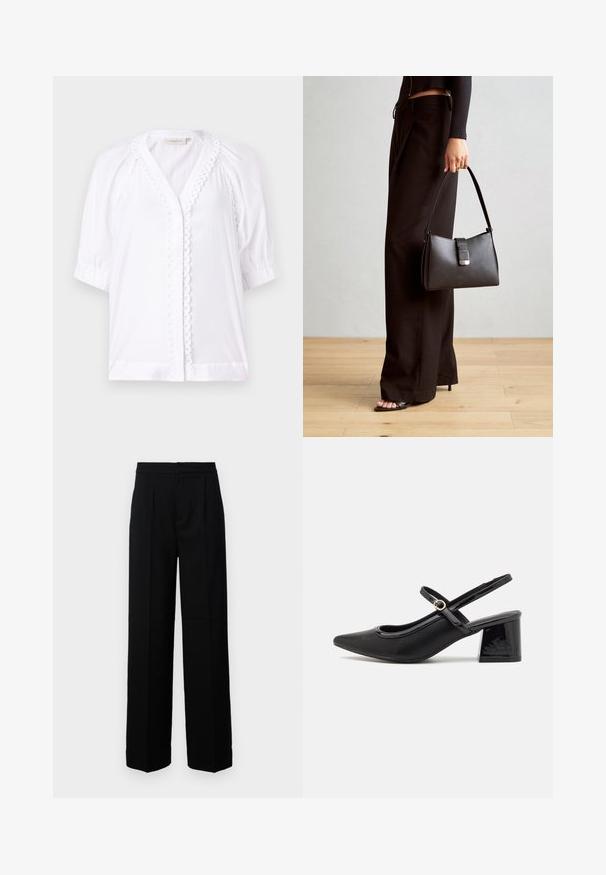 Blusa bianca con maniche a puff corte, scollatura a V, bordo ondulato lungo la zip, e texture del tessuto liscia. Nessuna chiusura visibile.; Pantaloni neri a gamba larga con una texture liscia, dotati di una parte anteriore piatta, pieghe e una vita sagomata. Senza hardware visibile o motivi.; Décolleté in vernice nera con cinturino dietro, punta affusolata, design con ritagli arrotondati e tacco a blocco. Presenta un accento di fibbia tono oro.; Borsa nera con forma strutturata, texture liscia e una chiusura metallica. Abbinata a pantaloni neri larghi e sandali open-toe su un pavimento in legno.