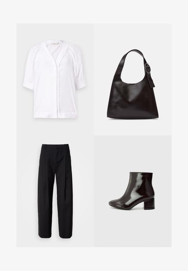 Bela bluzica s kratkimi napihnjenimi rokavi, V-izrezom, robom s valovitimi detajli ob zaponki in gladko teksturo tkanine. Brez vidnih zapiranj.; Črne hlače s sproščenim krojem, nabranim sprednjim delom in zankami za pas. Gladek material in ravne noge, ki vključujejo stranske žepe.; Črne lakirane gležnjarje z ostrim nosom in debelim peto. Gladka tekstura z subtilnim sijajem in čistimi linijami, minimalističen dizajn.; Rjava usnjena torba za ramo z gladko teksturo, okroglo obliko, širokim trakom in krožno kovinsko akcenco na ročaju.