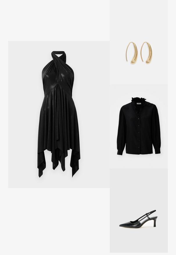 Sort bluse med en ruffled V-hals, lange puffærmer og knaplukning. Fremstillet af glat stof med en let glans.; Sort halterneck kjole med draperet design. Fremstillet af skinnende materiale, med en snoet halsudskæring og asymmetrisk fald. Glat tekstur.; Sorte patent slingback hæl med spids tå, prydet med tekstureret slangeskindsmønster, justerbar rem og en kort, tekstureret blokhæl.; Sort læder crossbody taske med to frontlommer, guldspænder, lynlåslukning og en slank rem. Struktureret overflade og kompakt rektangulær form.; Guldfarvede metal hoops øreringe med en bøjet, forlænget form. Har en glat, skinnende overflade og en afrundet spids for ekstra detalje.