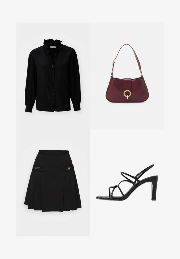 Blusa nera con scollo a V arricciato, maniche lunghe a sbuffo e chiusura a bottoni. Realizzata in tessuto morbido con una leggera lucentezza.; Gonna plissettata nera con dettagli in metallo dorato. Presenta tasche laterali con logo, realizzata in materiale liscio. Silhouette a forma di A.; Sandali neri con tacco alto, dotati di sottili cinturini, finitura testurizzata, punta aperta e un design elegante con tacco affusolato. Presentano una soletta morbida e una superficie lucida.; Borsa a tracolla in pelle borgogna con forma curva, accentuata da un hardware oro circolare e una singola tracolla. Texture liscia, design minimalista.