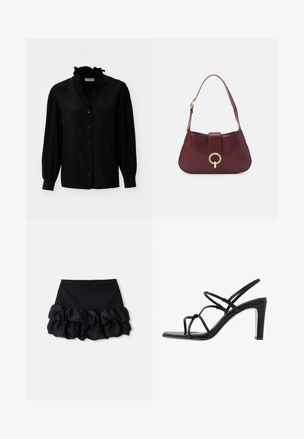 Bluză neagră cu decolteu în V fronsat, mâneci lungi tip balon și închidere cu nasturi. Confeționată dintr-un material neted cu un ușor luciu.; Fustă mini neagră cu un top ajustat și trei straturi de material plisat în partea de jos, având o textură netedă și linii curate.; Sandale negre cu toc, cu barete subțiri, finisaj texturat, vârful deschis și un design elegant al tocului ascuțit. Au o talpă interioară netedă și o suprafață strălucitoare.; Geantă de mână din piele bordeaux, cu o formă curbă, un accent de hardware circular auriu și o curea de umăr simplă. Textură netedă, design minimalist.