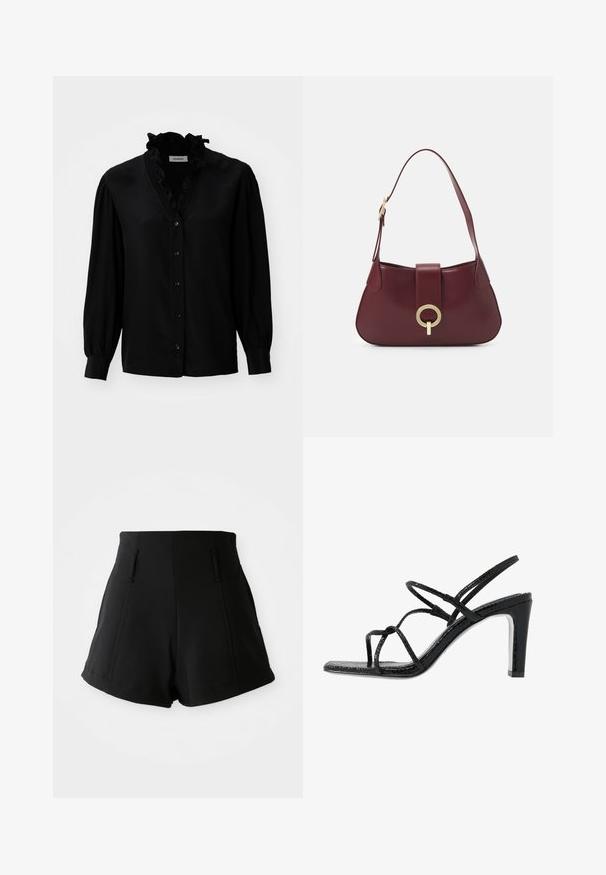 Crna bluza s volanastim V-izrezom, dugim puf rukavima i kopčanjem na dugmad. Izrađena od glatkog materijala s blagim sjajem.; Crne kratke hlače visokog struka izrađene od glatkog materijala, s dva prednja džepa, krojenim fitom i čistim, jednostavnim linijama.; Crne sandale na visokoj peti s tankim trakama, teksturiranom završnom obradom, otvorenim nožnim prstima i elegantnim, šiljastim dizajnom pete. Imaju glatku unutrašnjost i sjajnu površinu.; Bordo kožna torbica s zakrivljenim oblikom, zlatnim kružnim detaljem i jednim remenom za rame. Glatka tekstura, minimalistički dizajn.