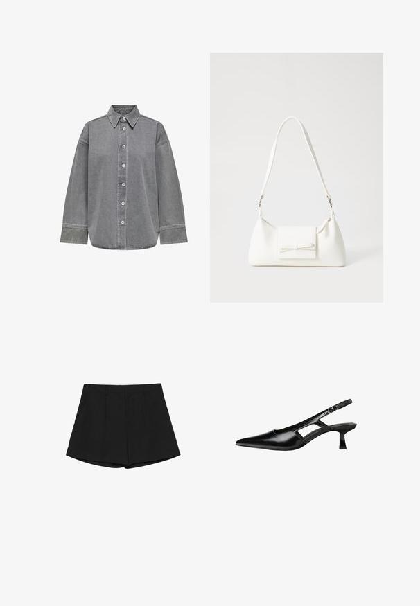 Gray denim shirt featuring a button-front design, classic collar, and long sleeves with cuffs. Smooth texture and relaxed fit.; Black shorts with a tailored design, featuring a flat front, two side pockets, and a straight hem. Smooth fabric with a clean finish.; Black patent leather slingback heels with a pointed toe, cut-out side design, and a small square heel. Smooth texture with minimal accents.; White synthetic handbag with a triangular shape, flat front flap and bow detail, adjustable strap, smooth texture, and minimalistic design.