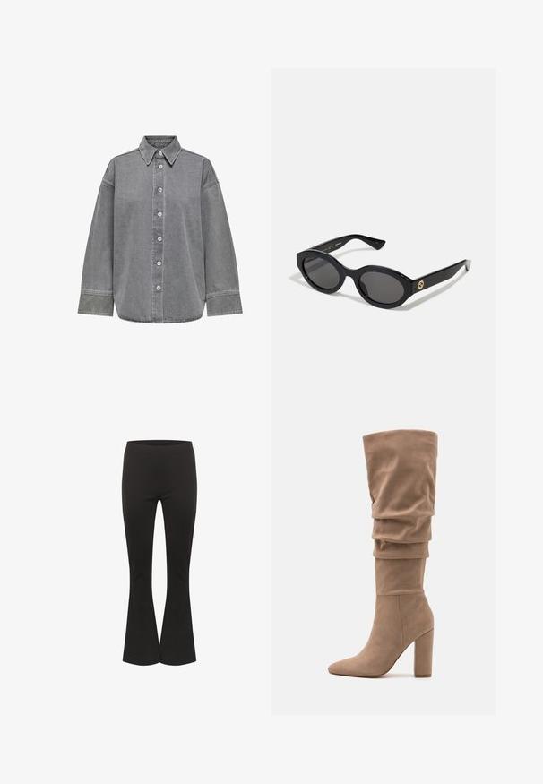 Gray denim shirt featuring a button-front design, classic collar, and long sleeves with cuffs. Smooth texture and relaxed fit.; Black flared pants with a fitted waist and smooth fabric, shown upright against a white background.; Anna Field Boots - beige; Black oval sunglasses with dark lenses and glossy plastic frame. Features gold logo on the temple, offering a sleek and modern design.