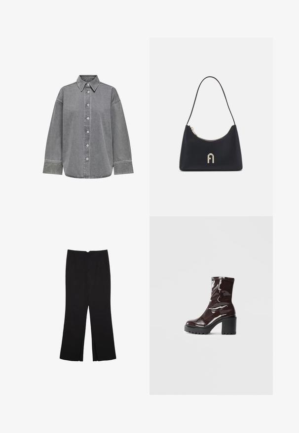 Grå denimskjorte med knapfront, klassisk krave og lange ærmer med manchetter. Glat tekstur og afslappet pasform.; Sorte bukser med lige pasform, der har frontlommer og slidser i kanten. Lavet af blødt, glat stof. Velegnet til forskellige anledninger.; Glatte burgunder ankelstøvler med en chunky sort hæl, der har en glat tekstur og et simpelt design. Ingen synlige lukninger eller mønstre.; Sort skuldertaske fremstillet af glat materiale, med en buet form, guldlynlås og en guldpræget logoaccent på fronten.