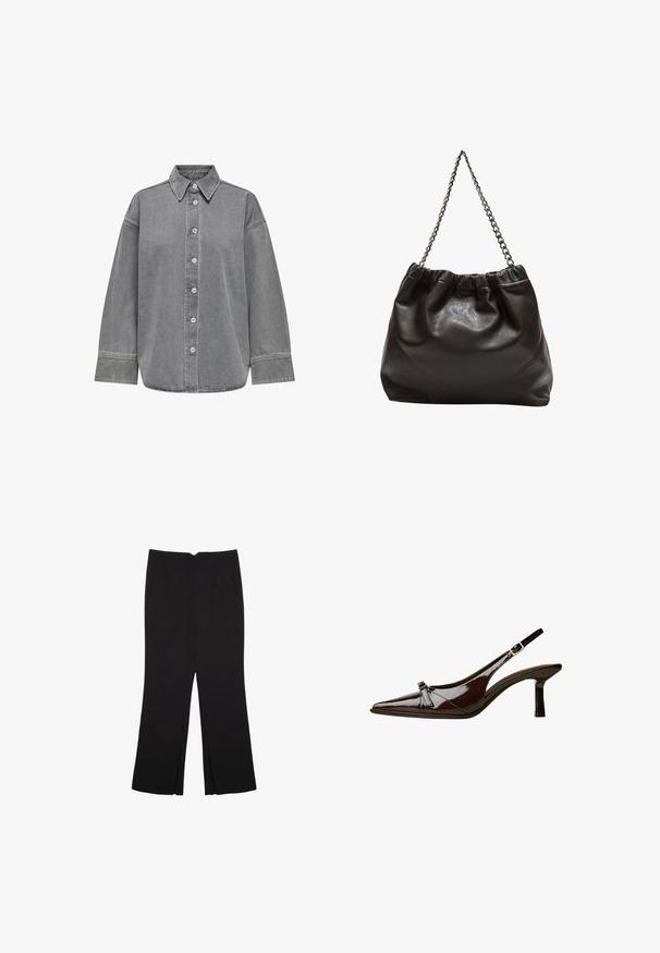 Grå denimskjorte med knapfront, klassisk krave og lange ærmer med manchetter. Glat tekstur og afslappet pasform.; Sorte bukser med lige pasform, der har frontlommer og slidser i kanten. Lavet af blødt, glat stof. Velegnet til forskellige anledninger.; Brun patentlæder slingback sko med spids tå, lav hæl og en dekorativ sløjfe foran. Glat, skinnende tekstur.; Brun lædertaske med en rynket top og en kædestrop. Glat tekstur med en blank finish og subtile sømdetaljer på siderne.