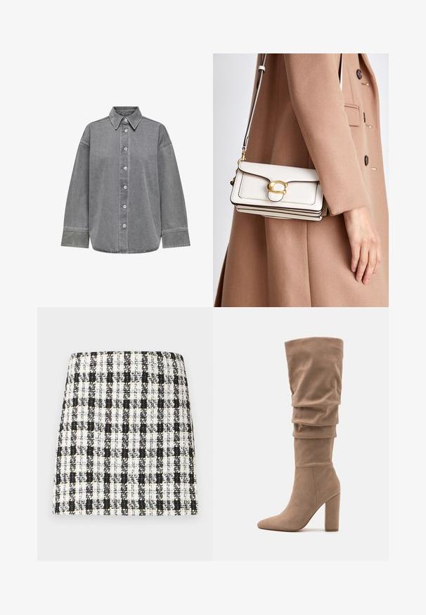 Szara koszula z denimu z designem na guziki, klasycznym kołnierzem i długimi rękawami z mankietami. Gładka tekstura i luźny krój.; Czarna i biała spódnica w kratę, wykonana z teksturowanej tkaniny, o wyraźnej konstrukcji z prostym krojem i minimalnymi detalami.; Anna Field - Kozaki; Biała skórzana torebka na ramię z złotym zapięciem, charakteryzująca się usztywnioną konstrukcją, kontrastującymi krawędziami oraz cienkim, regulowanym paskiem.