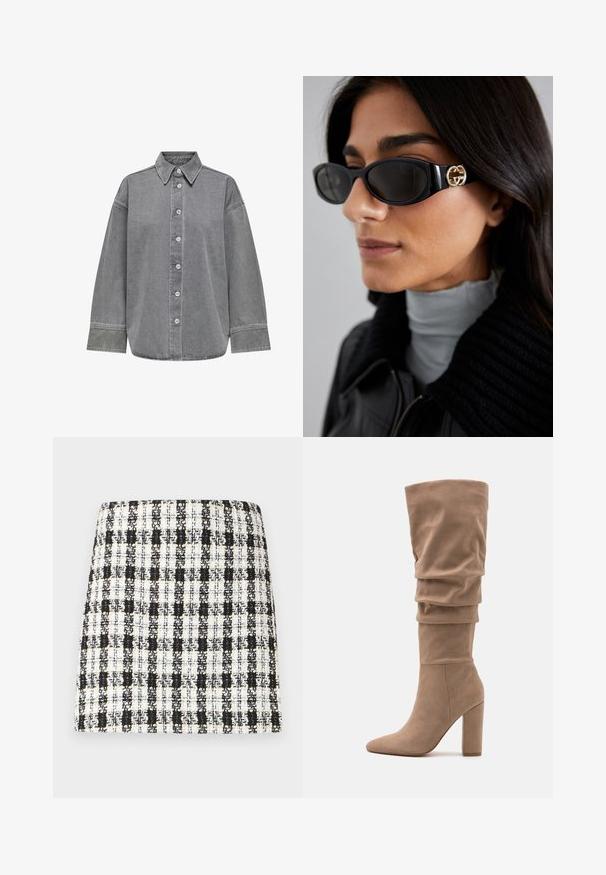 Pelēka džinsa krekls ar pogu priekšējo daļu, klasisku apkakli un garām piedurknēm ar aprocēm. Gluda tekstūra un brīva piegriezuma.; Melnā un baltā pārbaude svārki, izgatavoti no teksturēta auduma, ar strukturētu dizainu, taisnu griezumu un minimālu apdari.; Anna Field Zābaki - beige; Melni saulesbrilles ar gludu taisnstūra formu un zelta logo akcentu uz sāna. Tumši objektīvi un spīdīga apdare ir izceltas.