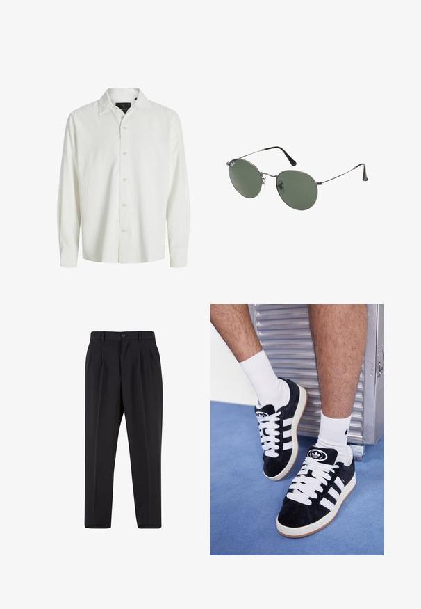 Fehér galléros ing hosszú ujjakkal, texturált szövetmintával és enyhe fényességgel. Hat gomb található az elején.; Fekete nadrág, pliszézett elejű dizájnnal, sima anyagból készült. Gombos záródás és övhurkok jellemzik; egyenes szabású.; Fekete velúr sportcipők fehér fűzőkkel és három fehér csíkkal. A nyelvén egy kör alakú fekete logó található, valamint egy gumis talp.; Fémkeretes napszemüveg ovális zöld lencsékkel. Vékony ezüst színű fémkeret és fekete fülrész. Minimalista dizájn, látható logók nélkül.