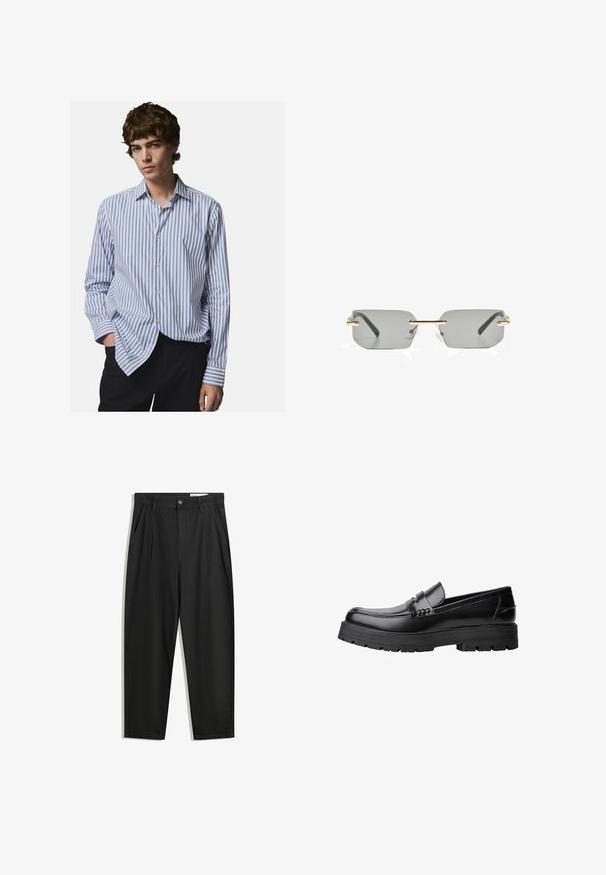 Csíkos, fehér és kék gombos ing. Klasszikus gallérral, hosszú ujjal és laza fazonnal rendelkezik. Puha anyag, enyhe fénylő hatású.; Fekete pamut nadrág laza szabással, klasszikus derékrésszel, elülső hajtásokkal és oldalsó zsebekkel. Simább textúra minta nélkül.; Fekete bőr loaferek vastag, bordázott talppal és díszcsíkkal az upper rész felett, bal oldali profilmódban, fehér háttér előtt.; Bershka RECTANGULAR - Napszemüvegek - black