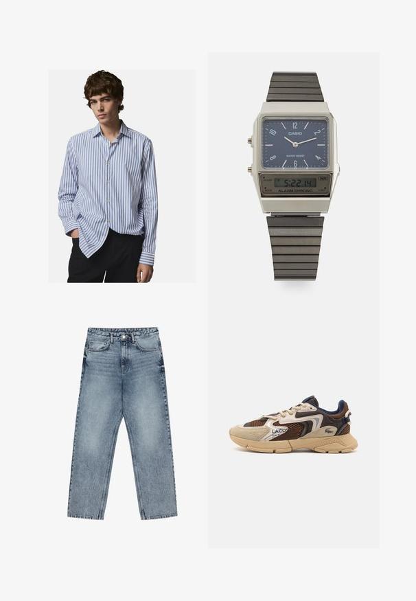 Gestreept overhemd met knopen in wit en blauw. Kenmerkend voor een klassieke kraag, lange mouwen en een ontspannen pasvorm. Zachte stof met een lichte glans.; Lichtblauwe denim jeans met een rechte pijp, zichtbare stiksels, vijf zakken en een knoopsluiting in de taille.; Beige en bruine sneaker met gestructureerde meshpanelen, suède accenten en een rubberen zool. Bevat vetersluiting en merkdetails.; Casio digitale watch met een blauwe wijzerplaat, zilveren kast en gelaagde zwarte rubberen band. Toont de tijd en alarminstellingen. Waterbestendig.