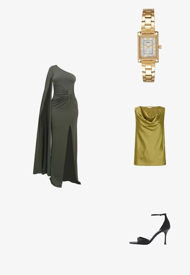 Top brez naramnic v olivno zeleni barvi iz satena, s drapiranim cowl izrezom in gladko teksturo. Preprost kroj z ravnim robom.; Zelena enoramna obleka iz gladkega, raztegljivega materiala. Ima zvit detajl okoli pasu in razporek do stegna na eni strani.; Mango Sandali z visoko peto - black; Črna usnjena torbica za ramo z gubano teksturo, zlatim verižnim dodatkom in izrazitim zlatim sponko z ovalnim logotipom. Prilagodljiv trak za ramo.; Zlato obarvana pravokotna ročna ura z belo številčnico, srebrnimi kazalci in trdno kovinsko zapestnico. Vključena je vodoodporna funkcija.