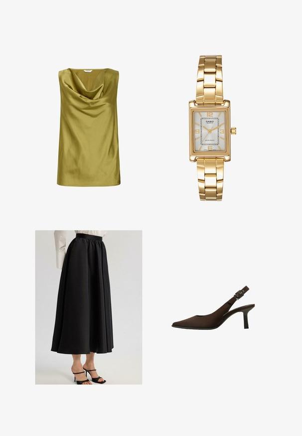 Top fără mâneci din satin verde măsliniu, cu un guler drapat și o textură netedă. Formă simplă cu o margine dreaptă.; Fustă maxi neagră, dintr-un material neted, cu o talie gathered și un design fluid, asortată cu pantofi cu toc subțire negri.; Pantofi slingback din suede maroniu, cu vârf ascuțit, design elegant, toc subțire și un accent cu cataramă pe curea.; Ceas de mână rectangular cu nuanță aurie, cu un cadran alb, marcaje argintii pentru ore și o brățară din linkuri metalice durabile. Include caracteristica de rezistență la apă.