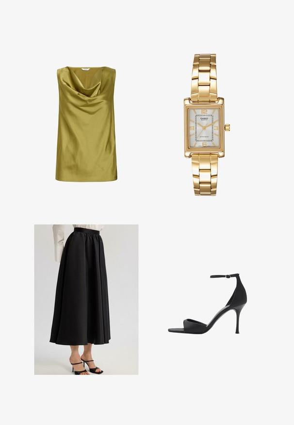 Bezrukávový top v olivovo zelenej saténovej tkanine, s drapovaným vreckovým výstrihom a hladkou textúrou. Jednoduchý strih s rovnomerným spodným lemom.; Čierna maxi sukňa vyrobená z hladkej tkaniny, s nariaseným pásom a voľným dizajnom, skombinovaná s čiernymi sandálmi na opätku.; Mango Sandále na vysokom opätku - black; Zlatý obdĺžnikový náramkový hodinky s bielym ciferníkom, striebornými indexmi a odolným kovovým náramkom. Obsahuje vodoodolnú funkciu.