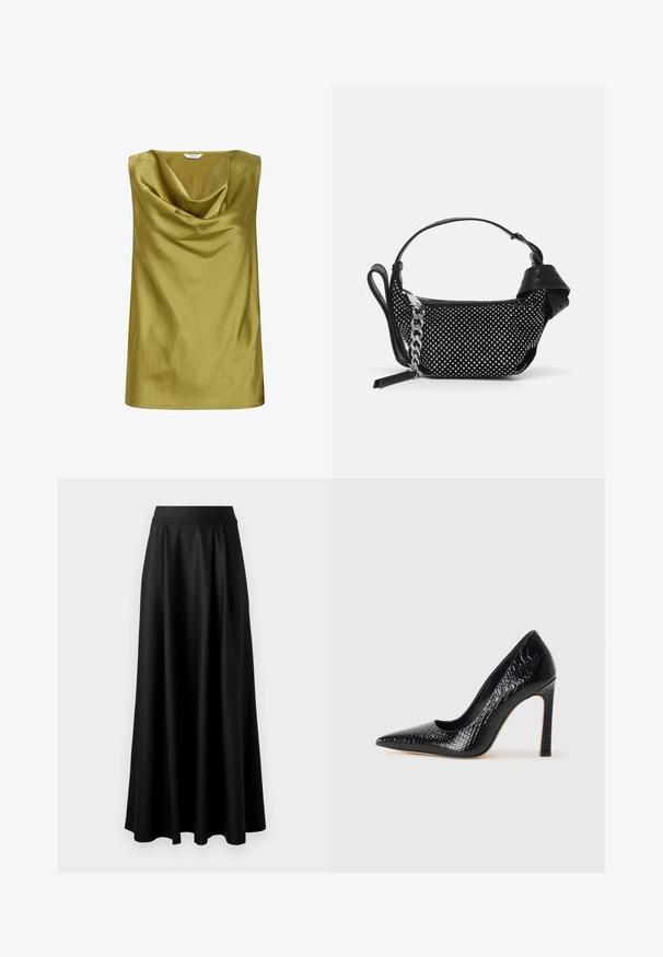 Top bez rękawów w oliwkowym satynie, z miękko opadającym dekoltem i gładką fakturą. Prosty kształt z prostym wykończeniem.; Czarna spódnica do ziemi o gładkiej fakturze, szerokim pasie i plisowanym wzorze, bez widocznych wzorów czy ozdób.; Czarne szpilki z ostrym noskiem, pokryte teksturą skóry krokodyla, charakteryzujące się eleganckim wzornictwem, wysokim obcasem w stylu stiletto oraz gładkim czarnym wnętrzem.; Czarna torebka z ćwiekowanymi zdobieniami, łańcuszkowym paskiem i gładkim skórzanym uchwytem, o zaokrąglonym kształcie i zamykanej kieszeni.