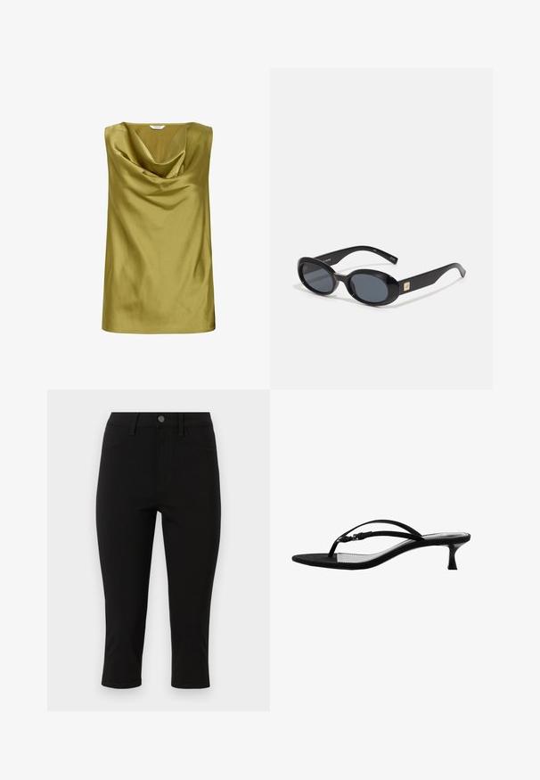 Sleeveless top in olive green satin, featuring a draped cowl neckline and smooth texture. Simple shape with a straight hem.; Black capri pants made of stretchy fabric. Features front pockets, a waistband with a metal button, and stitched detailing.; Mango T-bar sandals - black; Black oval sunglasses with dark lenses, glossy plastic frame, wide arms, and a small gold accent on one side.