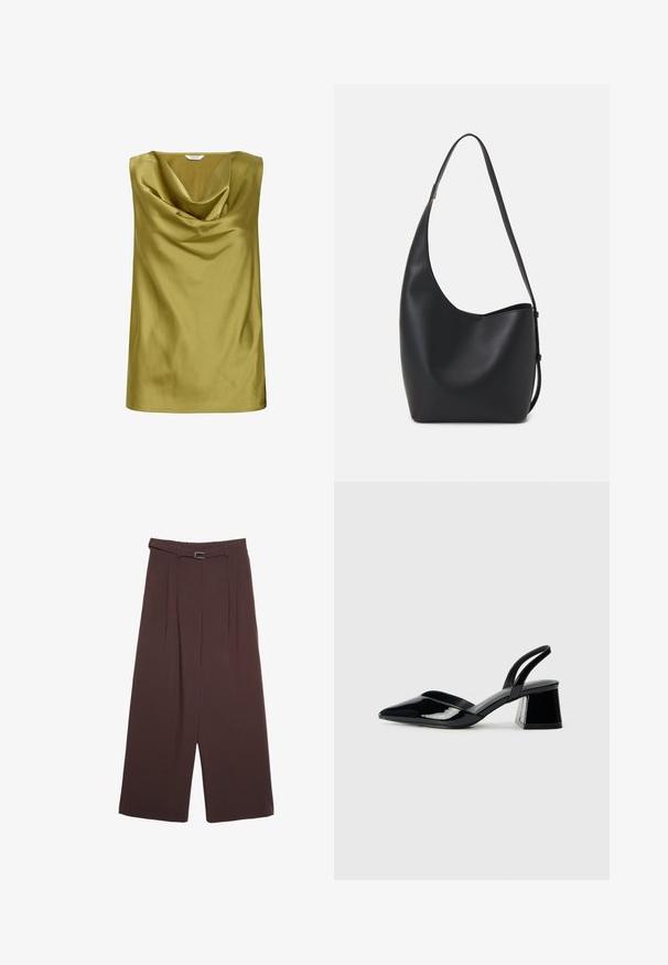 Ærmeløs top i olivengrønt satin med draperet cowl-udskæring og glat tekstur. Simpel form med en lige kant.; Stradivarius WIDE-LEG WITH BUCKLE DETAIL  - Bukser - dark brown; Sorte patentlæder slingback hæle med spids tå og en geometrisk blok hæl. Har et elegant, minimalistisk design og en glat tekstur.; Sort læder hobo taske med en glat overflade, buet form og en enkelt justerbar rem; har en bred åbning øverst.