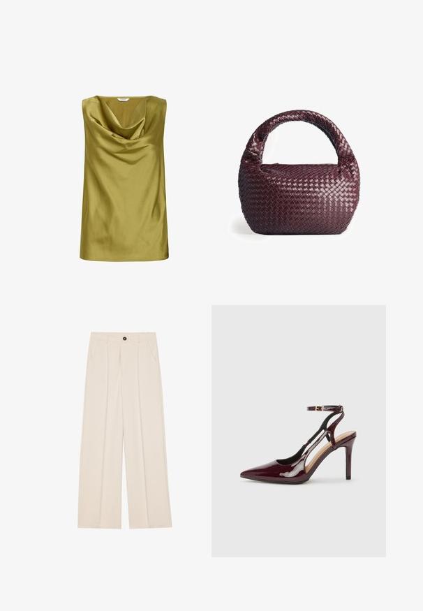 Top senza maniche in satin verde oliva, con scollo drappeggiato e texture liscia. Forma semplice con orlo dritto.; Pantaloni a vita alta e gamba larga in tessuto crema, con due tasche laterali, un bottone frontale singolo e pieghe frontali per un dettaglio aggiuntivo.; Scarpa con tacco alto in pelle verniciata bordeaux, con punta affusolata, cinturino alla caviglia e dettagli intagliati sui lati. Finitura elegante e lucida.; Borsa a tracolla intrecciata di colore bordeaux con forma arrotondata, manico spesso e pelle texturizzata. Presenta una superficie liscia e lucida e una chiusura con zip.