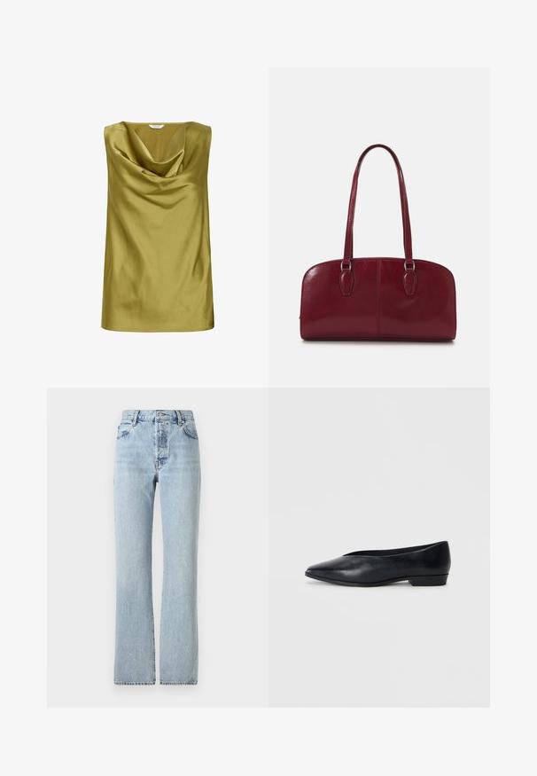 Ärmelloses Oberteil aus olivgrünem Satin, mit einem drapierten Cowl-Ausschnitt und glatter Textur. Schlichte Form mit geradem Saum.; Hellblaue Jeans aus Denim mit hoher Taille, geraden Beinen, klassischem Fünf-Taschen-Design und subtilen Ausbleichungen überall.; Schwarze Lederflatschuhe mit spitzer Zehenform, leicht erhöhtem Absatz und glatter Oberfläche. Schlichtes Design ohne sichtbare Hardware oder Muster.; Zign LEATHER - Handtasche - dark red