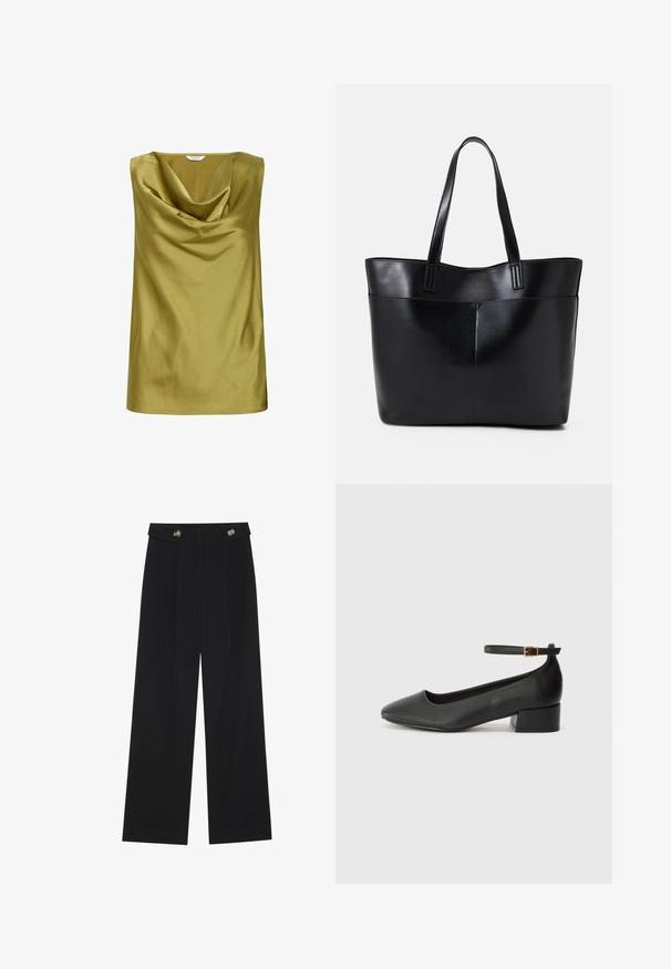 Sleeveless top in olive green satin, featuring a draped cowl neckline and smooth texture. Simple shape with a straight hem.; Black wide-leg trousers with high waist, button details on waistband, and front pleats.; Black leather pump with a pointed toe and a low block heel. Features an ankle strap with a gold-tone buckle. Smooth texture.; Black leather tote bag with two long handles, a smooth texture, and a structured shape. Features a front pocket for additional storage.