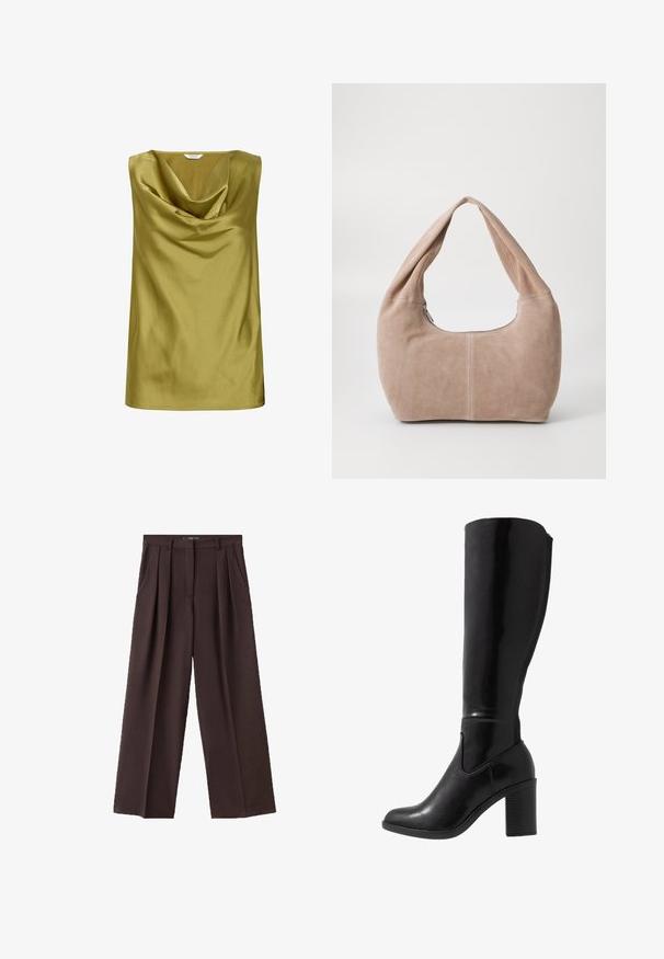 Top senza maniche in satin verde oliva, con scollo drappeggiato e texture liscia. Forma semplice con orlo dritto.; Pantaloni a gamba larga marroni realizzati in tessuto testurizzato, con pieghe frontali, tasche laterali e una classica cintura.; Stivali neri lucidi alti fino al ginocchio con punta arrotondata, texture liscia, dettaglio con taglio laterale e tacco spesso a blocco.; Borse hobo realizzata in morbido materiale scamosciato di colore beige chiaro. Caratterizzata da una forma arrotondata con una tracolla ampia e chiusura con zip.